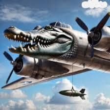 Bombardiro Crocodilo flying through clouds, in the supplied meme image