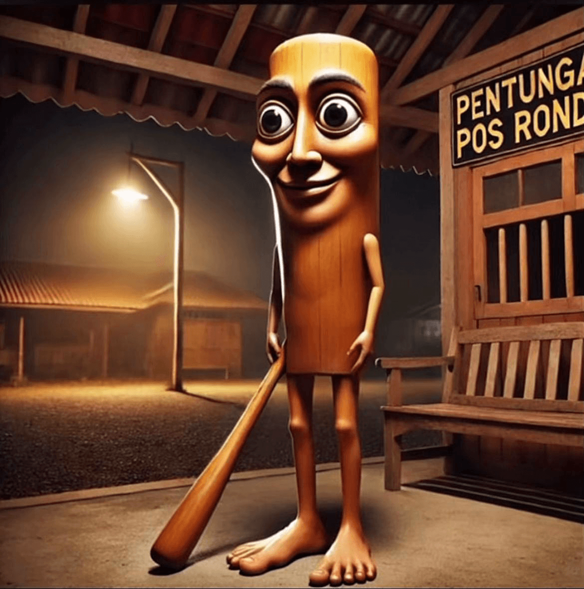 The original Tung Tung Tung Sahur standing with a wooden bat at night